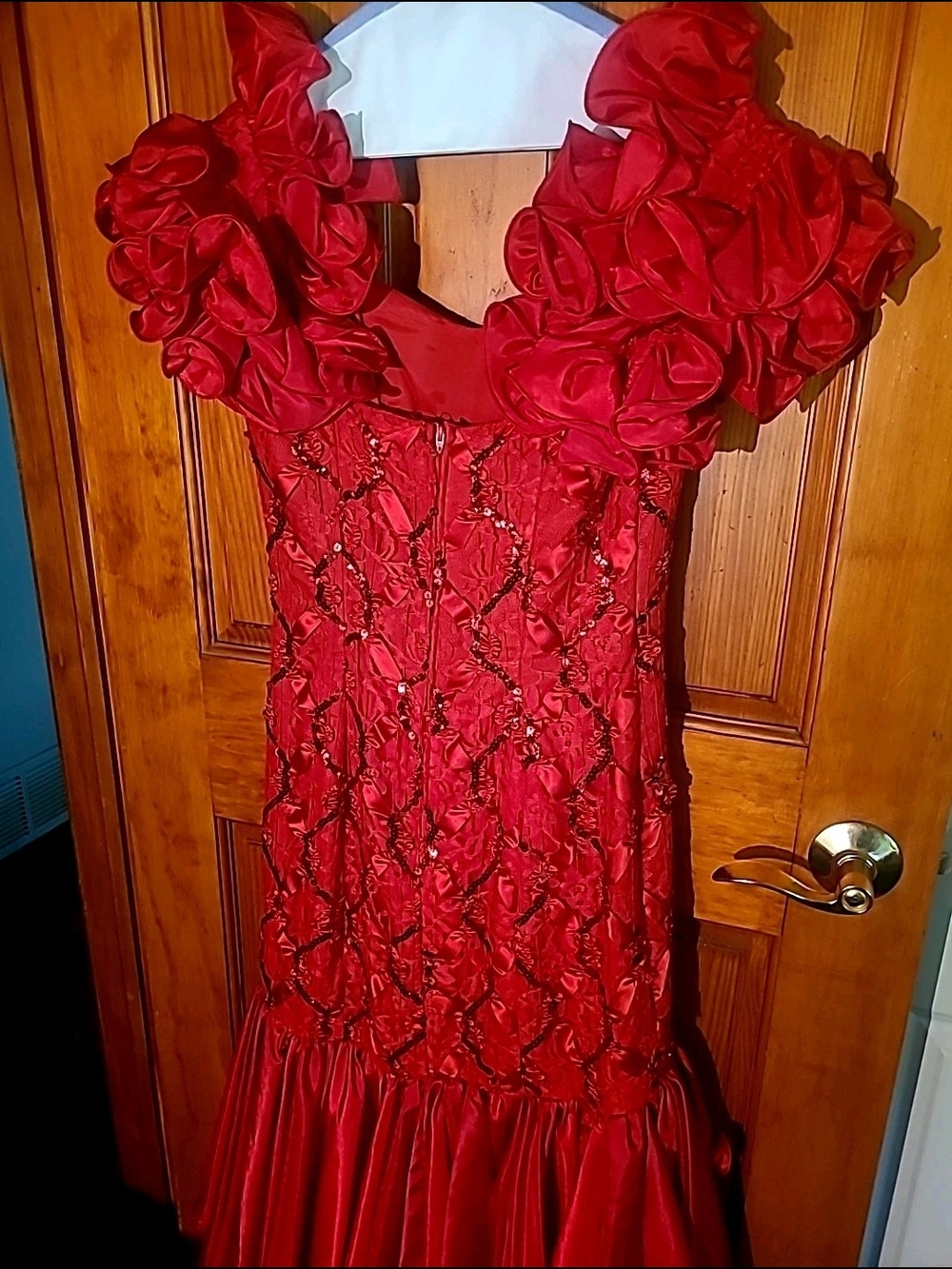 Red Ruffled Floral Appliqué Evening Gown By Dave & Johnny Size 7-8 - Picture 9 of 11